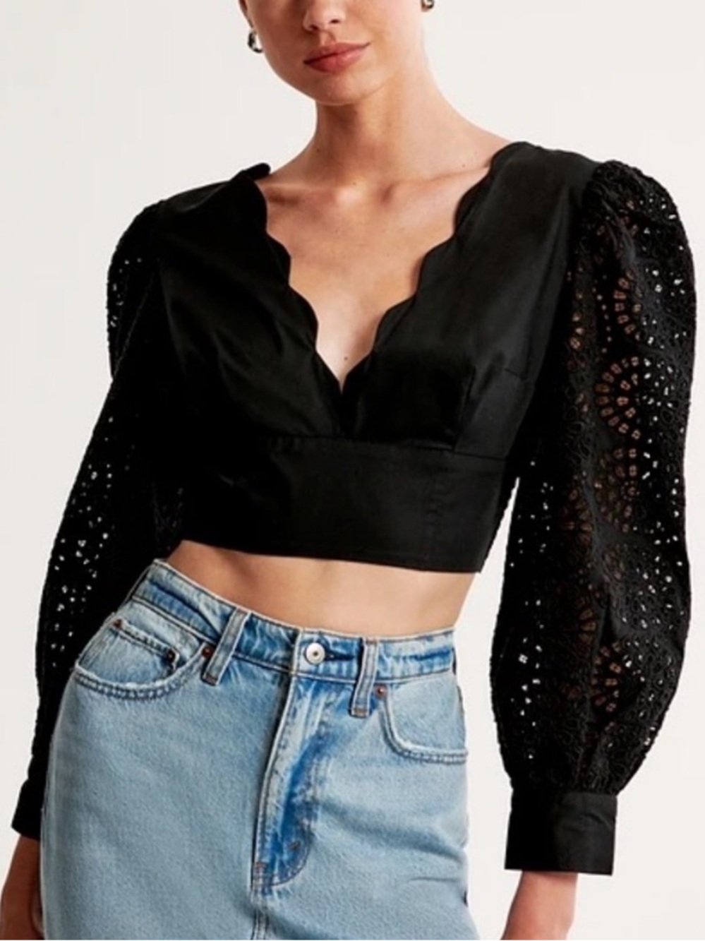 Abercrombie &  Fitch Long-Sleeve Poplin Plunge Cutwork Top S Black 57264